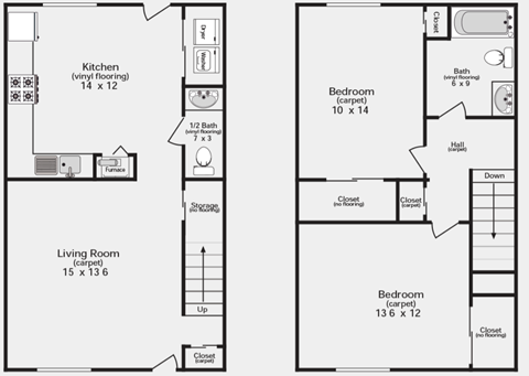 Floor plan for 2 beds, 1.5 baths, 875 sqft